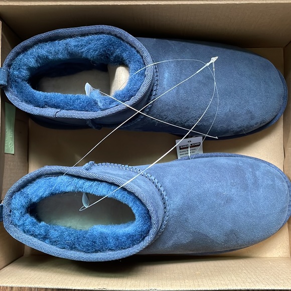 KS Ultra Mini Shearling Boot Blue slip on Fur Suede Ankle Booties NWT in box - Picture 3 of 4